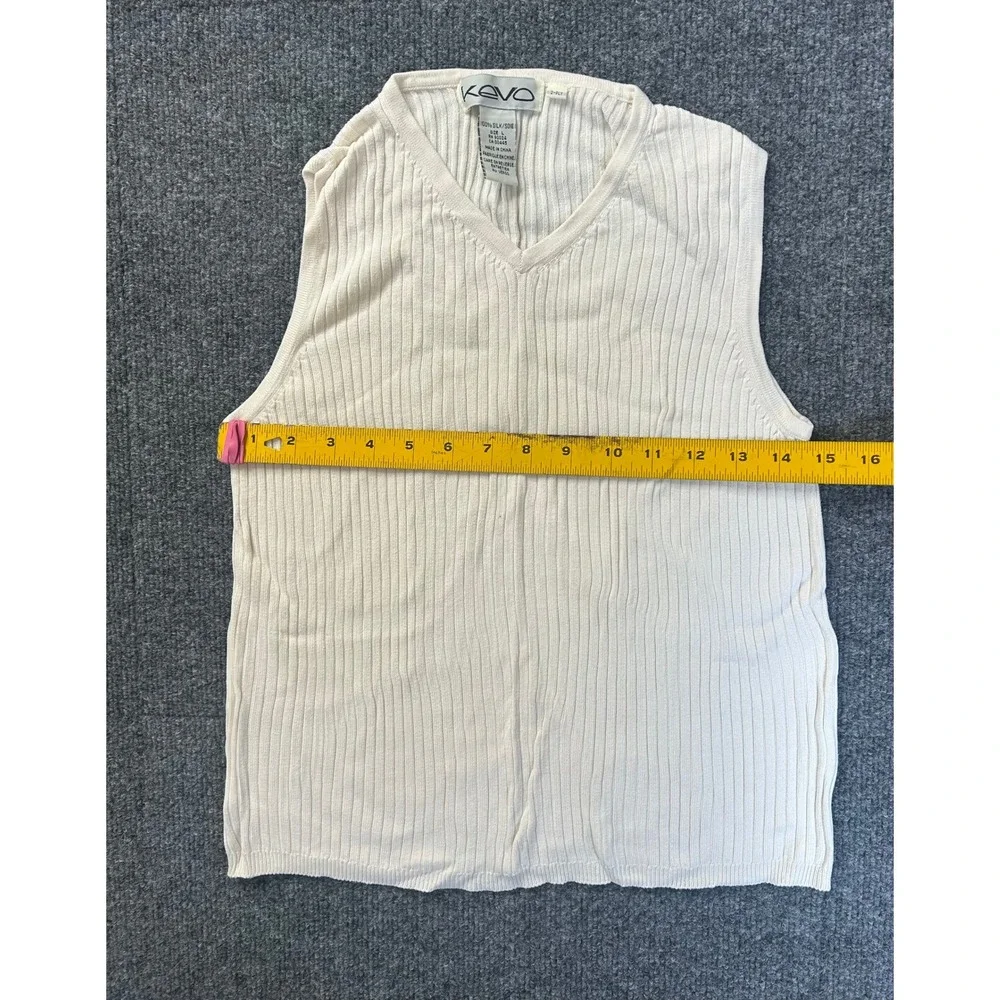 Kevo Sweater Vest Men Large Cream 100% Silk Ribbed V-Neck Sleeveless Knit Top